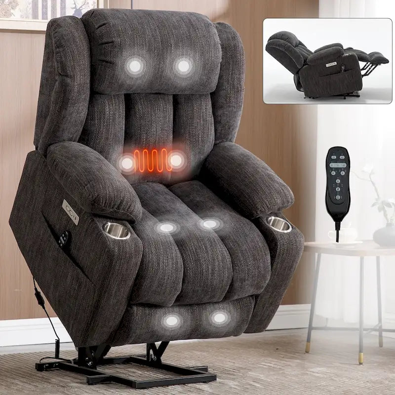 Fauteuil inclinable releveur gris en chenille avec massage, chauffage, port USB et porte-gobelets