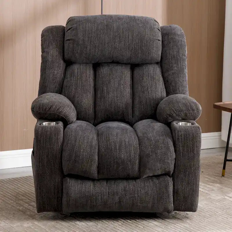 Fauteuil inclinable releveur gris en chenille avec massage, chauffage, port USB et porte-gobelets
