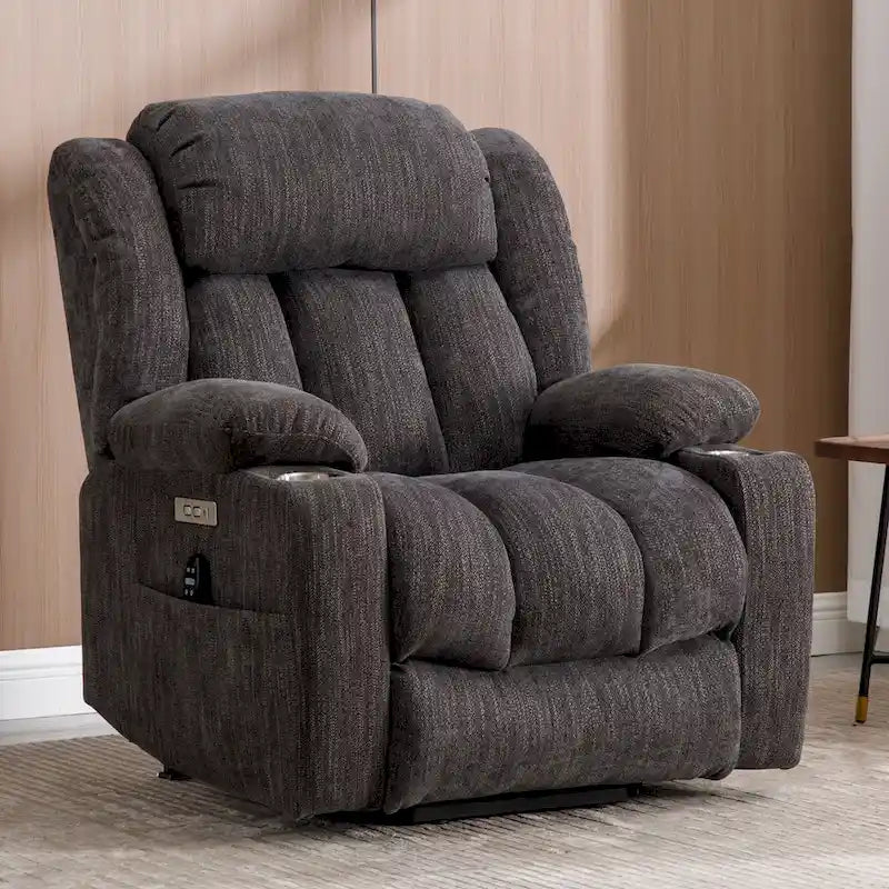 Fauteuil inclinable releveur gris en chenille avec massage, chauffage, port USB et porte-gobelets