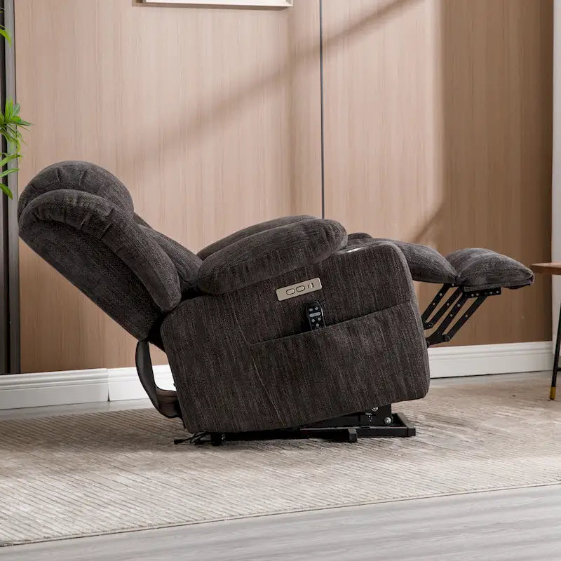 Fauteuil inclinable releveur gris en chenille avec massage, chauffage, port USB et porte-gobelets