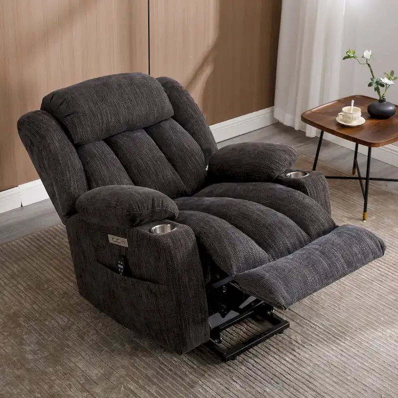Fauteuil inclinable releveur gris en chenille avec massage, chauffage, port USB et porte-gobelets