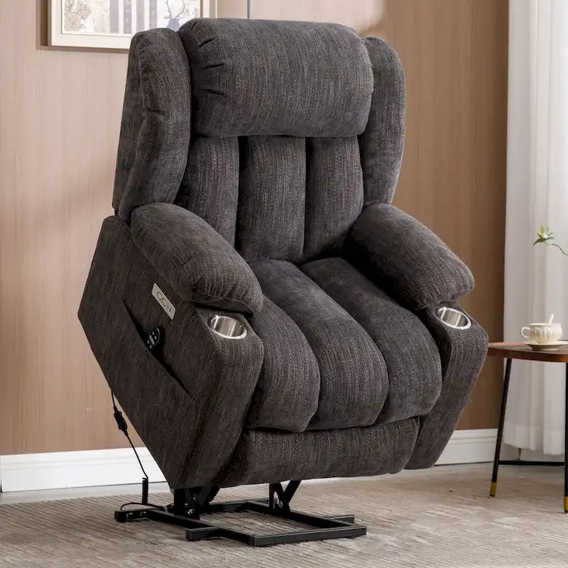 Fauteuil inclinable releveur gris en chenille avec massage, chauffage, port USB et porte-gobelets