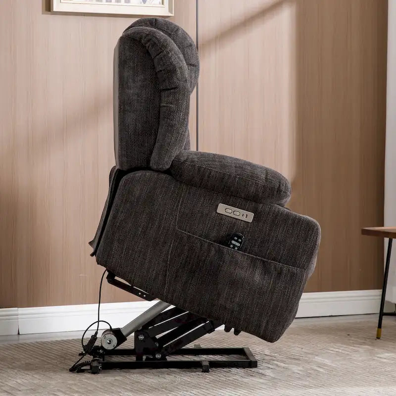 Fauteuil inclinable releveur gris en chenille avec massage, chauffage, port USB et porte-gobelets