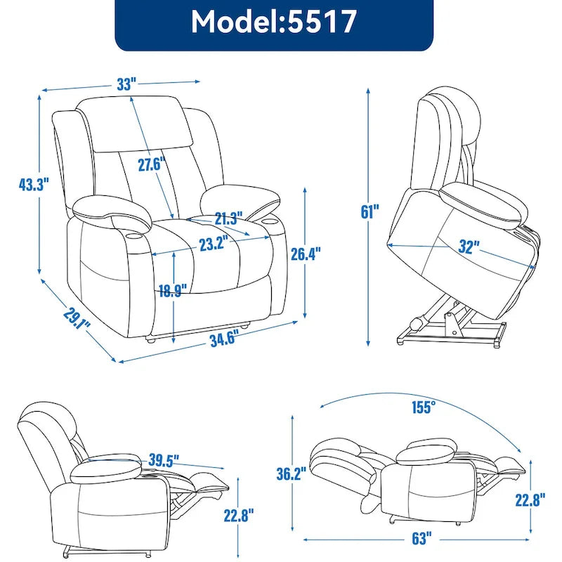 Fauteuil inclinable releveur gris en chenille avec massage, chauffage, port USB et porte-gobelets