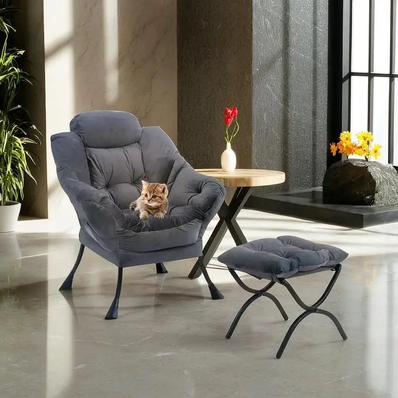 Chaise longue capitonnée en coton épais avec pouf pliant