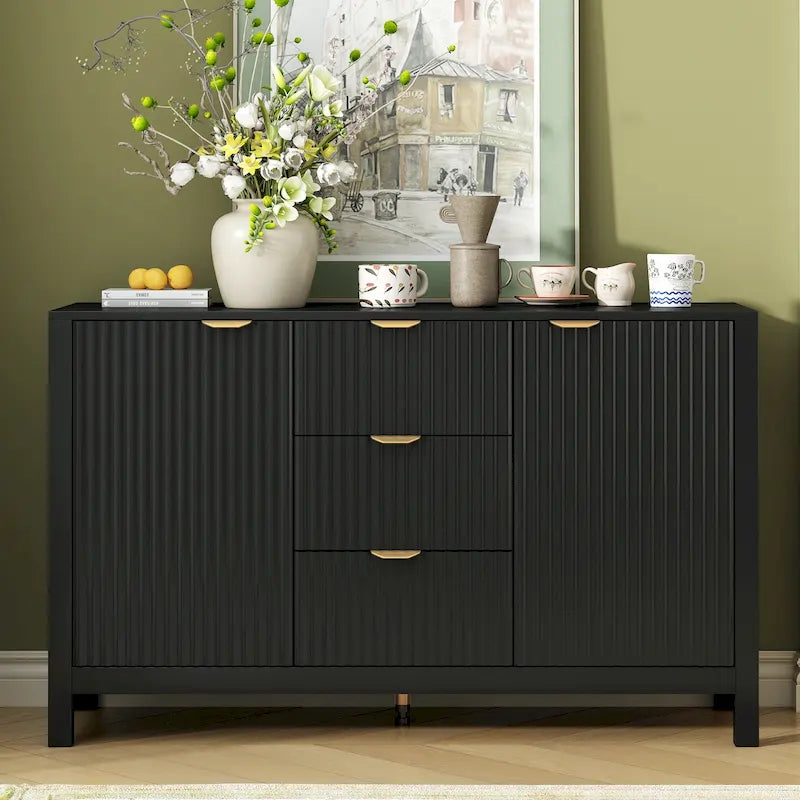 Meuble d'entrée avec motif ondulé - 3 étagères réglables, 3 tiroirs et portes à fermeture douce, console de rangement avec poignées métalliques