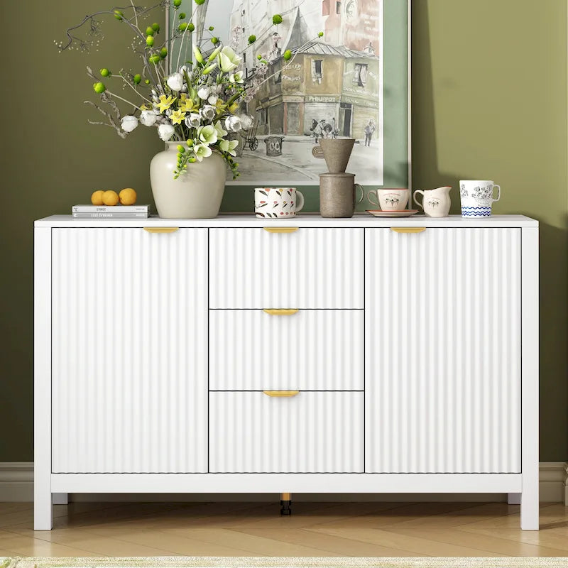 Meuble d'entrée avec motif ondulé - 3 étagères réglables, 3 tiroirs et portes à fermeture douce, console de rangement avec poignées métalliques