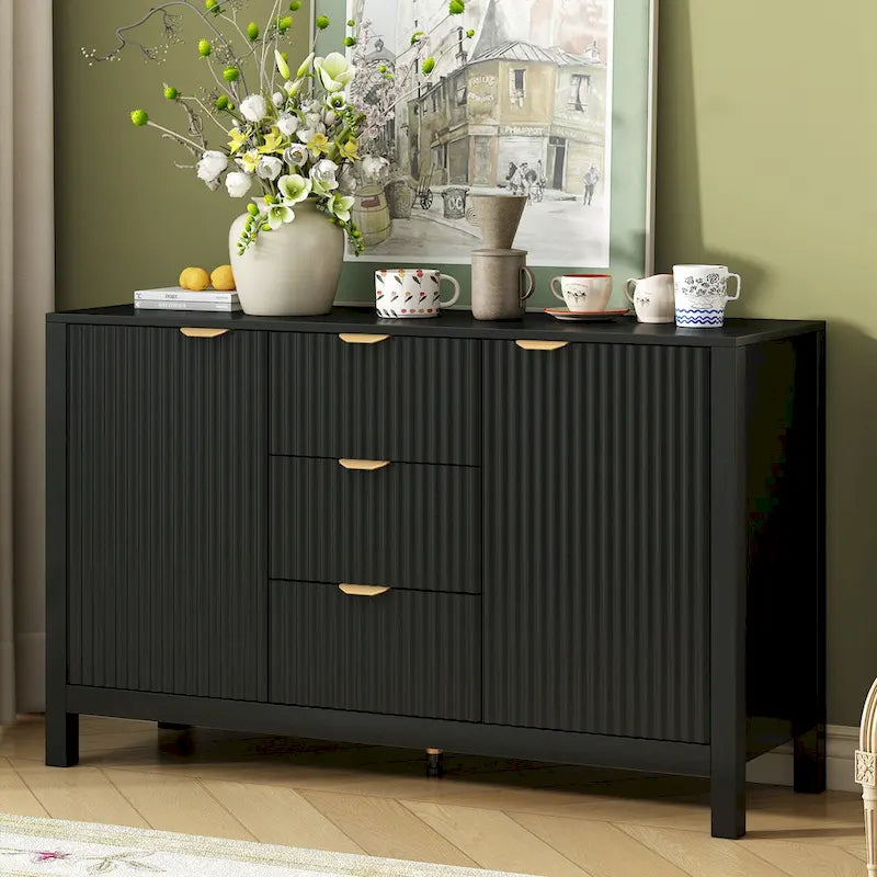 Meuble d'entrée avec motif ondulé - 3 étagères réglables, 3 tiroirs et portes à fermeture douce, console de rangement avec poignées métalliques