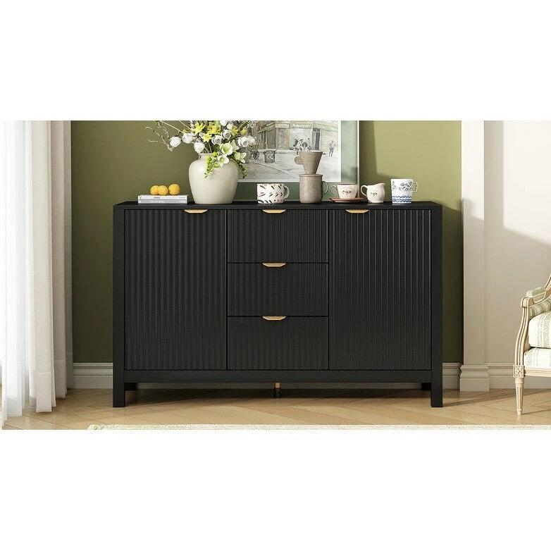 Meuble d'entrée avec motif ondulé - 3 étagères réglables, 3 tiroirs et portes à fermeture douce, console de rangement avec poignées métalliques