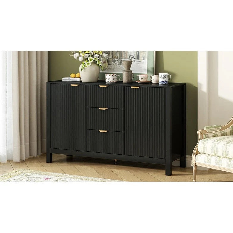 Meuble d'entrée avec motif ondulé - 3 étagères réglables, 3 tiroirs et portes à fermeture douce, console de rangement avec poignées métalliques