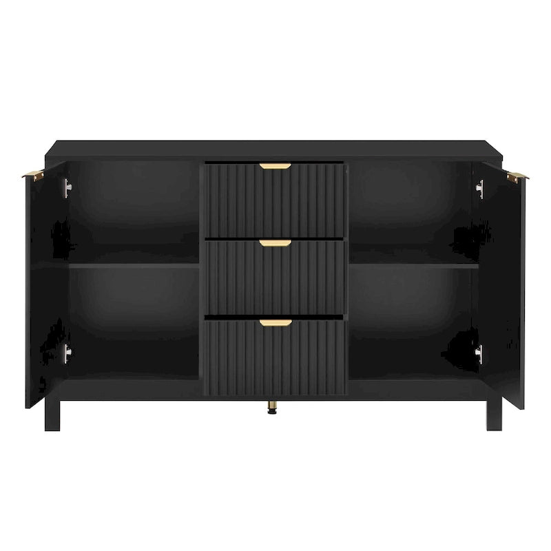 Meuble d'entrée avec motif ondulé - 3 étagères réglables, 3 tiroirs et portes à fermeture douce, console de rangement avec poignées métalliques