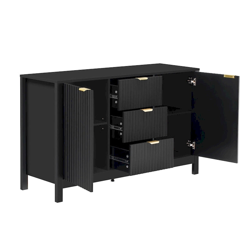 Meuble d'entrée avec motif ondulé - 3 étagères réglables, 3 tiroirs et portes à fermeture douce, console de rangement avec poignées métalliques