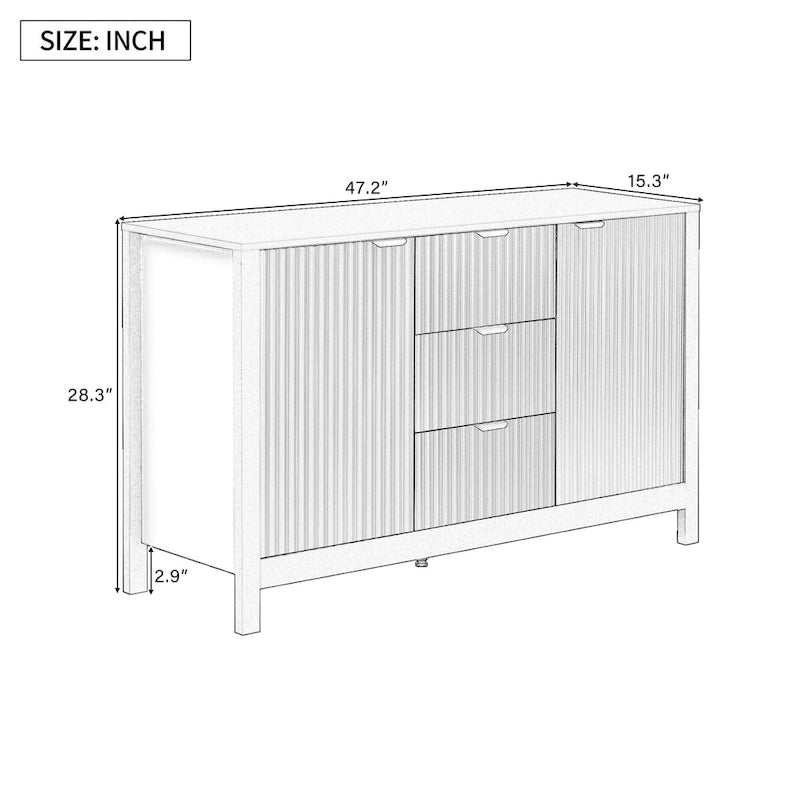 Meuble d'entrée avec motif ondulé - 3 étagères réglables, 3 tiroirs et portes à fermeture douce, console de rangement avec poignées métalliques