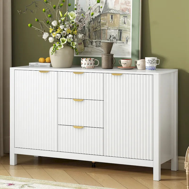 Meuble d'entrée avec motif ondulé - 3 étagères réglables, 3 tiroirs et portes à fermeture douce, console de rangement avec poignées métalliques