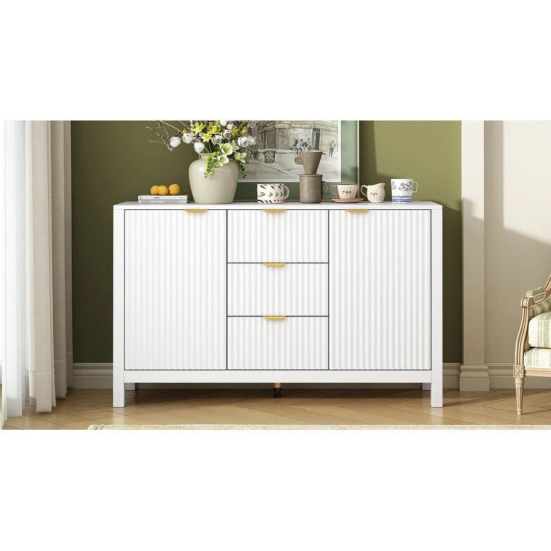 Meuble d'entrée avec motif ondulé - 3 étagères réglables, 3 tiroirs et portes à fermeture douce, console de rangement avec poignées métalliques