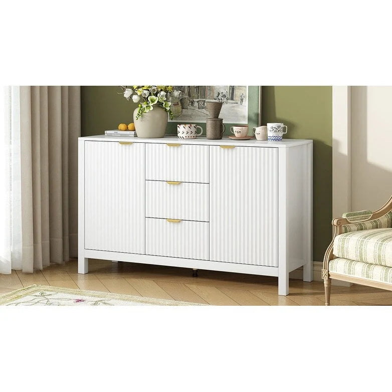 Meuble d'entrée avec motif ondulé - 3 étagères réglables, 3 tiroirs et portes à fermeture douce, console de rangement avec poignées métalliques