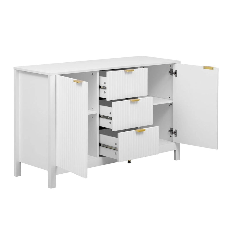 Meuble d'entrée avec motif ondulé - 3 étagères réglables, 3 tiroirs et portes à fermeture douce, console de rangement avec poignées métalliques