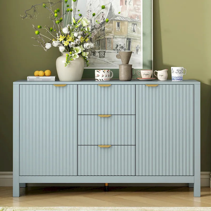 Meuble d'entrée avec motif ondulé - 3 étagères réglables, 3 tiroirs et portes à fermeture douce, console de rangement avec poignées métalliques