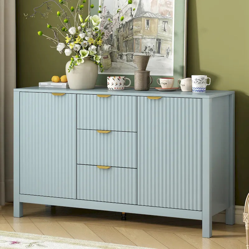 Meuble d'entrée avec motif ondulé - 3 étagères réglables, 3 tiroirs et portes à fermeture douce, console de rangement avec poignées métalliques