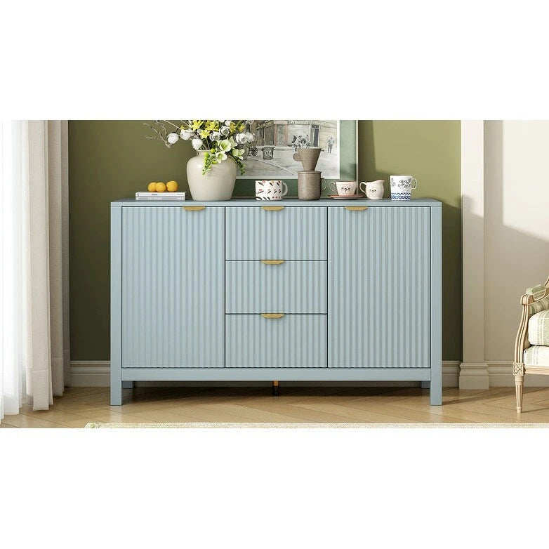 Meuble d'entrée avec motif ondulé - 3 étagères réglables, 3 tiroirs et portes à fermeture douce, console de rangement avec poignées métalliques