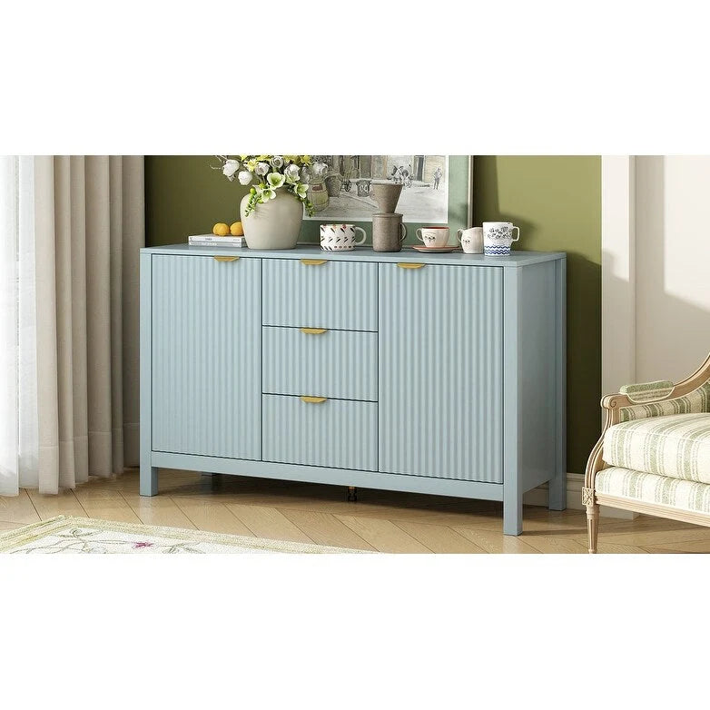 Meuble d'entrée avec motif ondulé - 3 étagères réglables, 3 tiroirs et portes à fermeture douce, console de rangement avec poignées métalliques