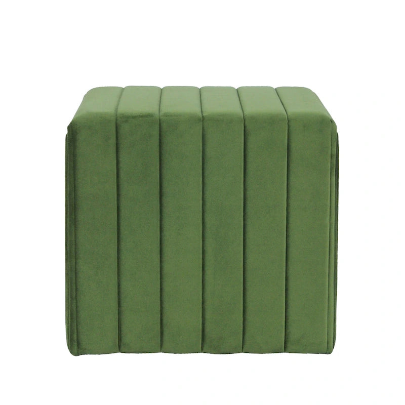 Pouf ottoman avec capitonnage en velours vert cannelé, 48 cm