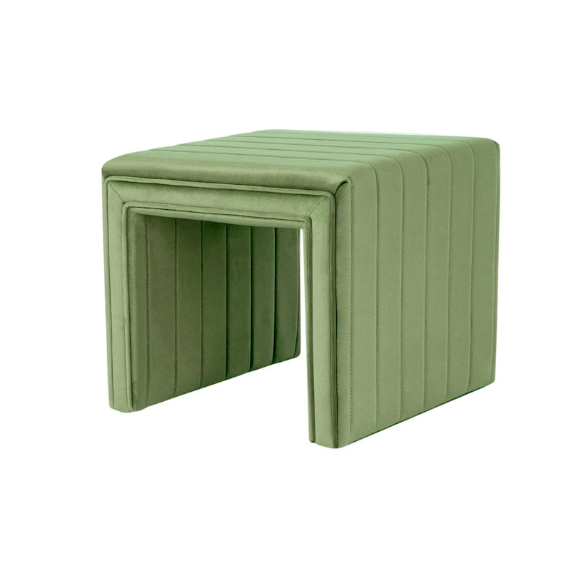Pouf ottoman avec capitonnage en velours vert cannelé, 48 cm