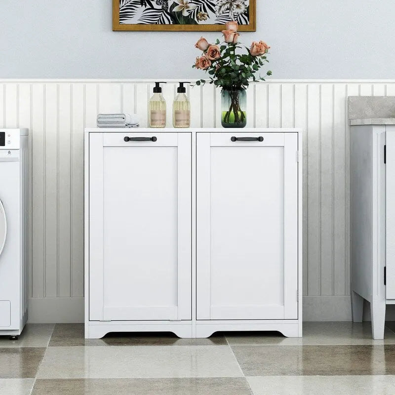 Meuble de buanderie autoportant avec portes et étagère, panier à linge inclinable