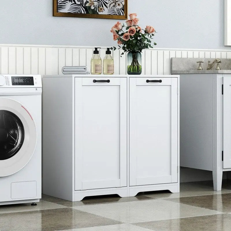 Meuble de buanderie autoportant avec portes et étagère, panier à linge inclinable