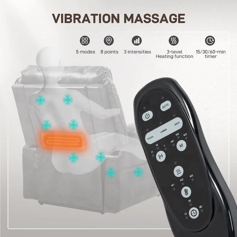 Fauteuil inclinable releveur électrique avec massage vibrant et chauffage, fauteuil inclinable surdimensionné avec télécommande