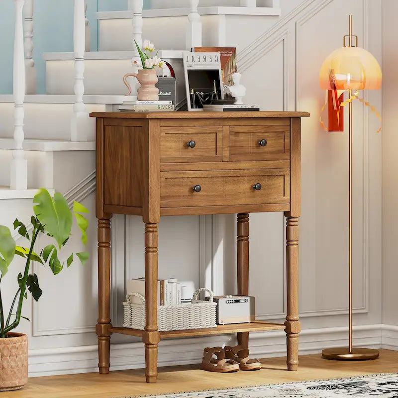 Console classique de 23,7 pouces avec trois tiroirs de rangement et une étagère inférieure