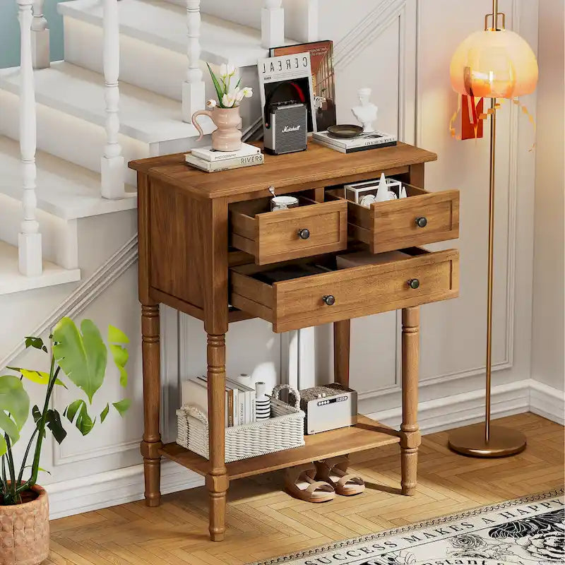 Console classique de 23,7 pouces avec trois tiroirs de rangement et une étagère inférieure