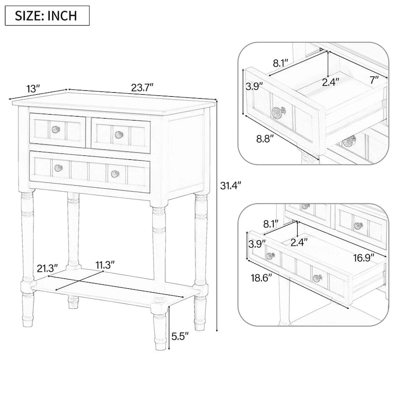Console classique de 23,7 pouces avec trois tiroirs de rangement et une étagère inférieure