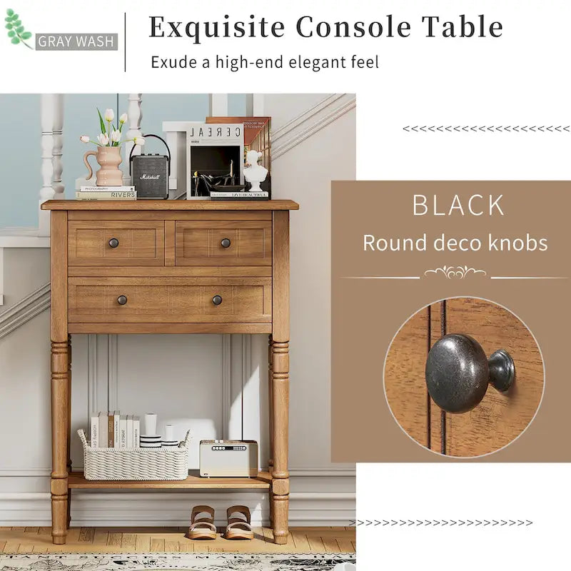 Console classique de 23,7 pouces avec trois tiroirs de rangement et une étagère inférieure