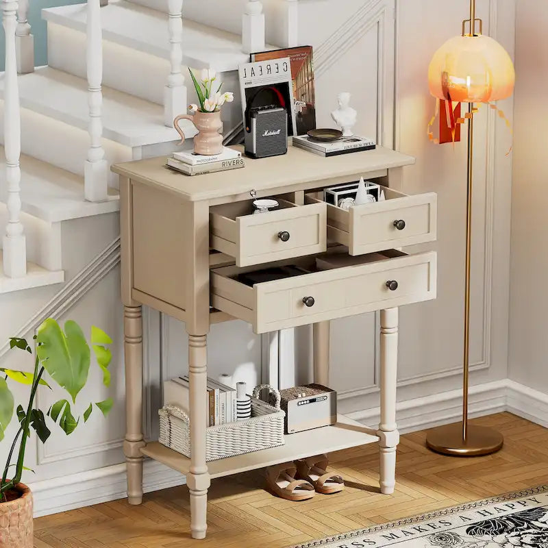 Console classique de 23,7 pouces avec trois tiroirs de rangement et une étagère inférieure