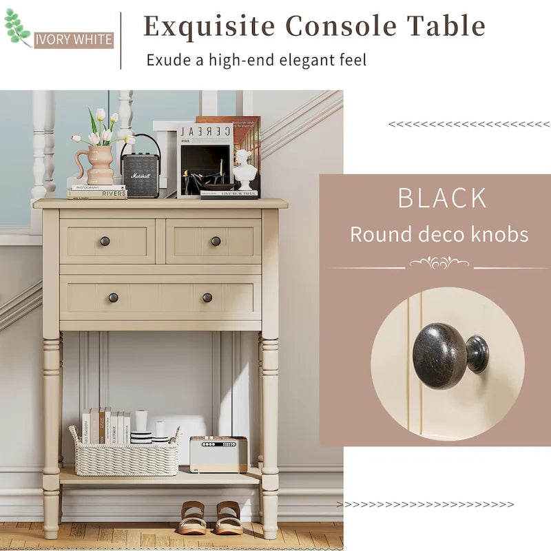 Console classique de 23,7 pouces avec trois tiroirs de rangement et une étagère inférieure