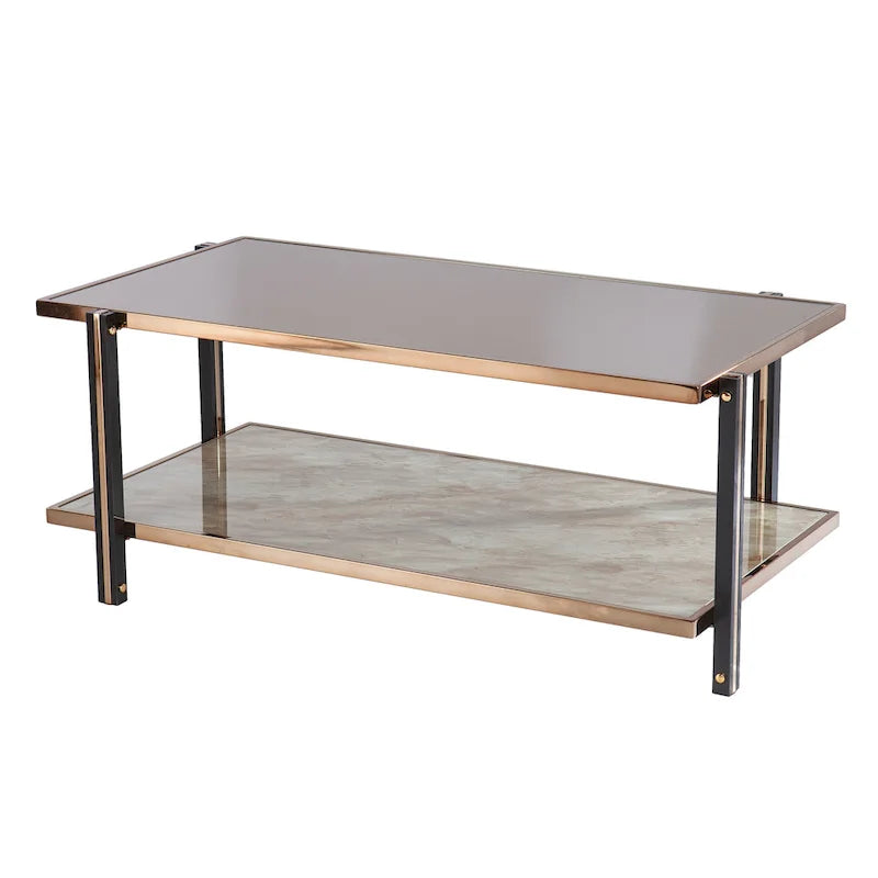 Table basse en métal couleur champagne avec plateau miroir fumé