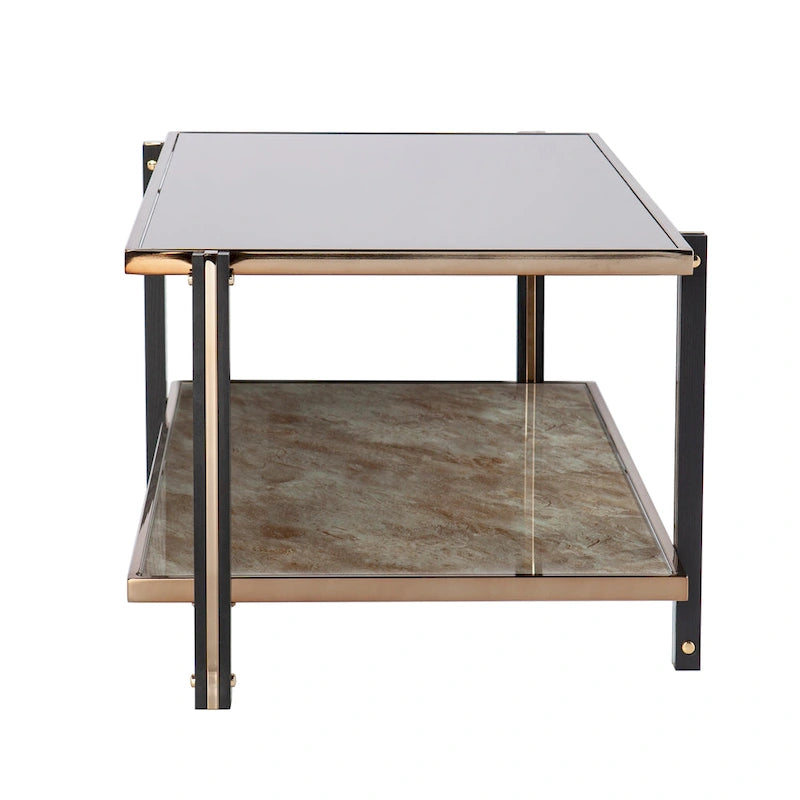 Table basse en métal couleur champagne avec plateau miroir fumé