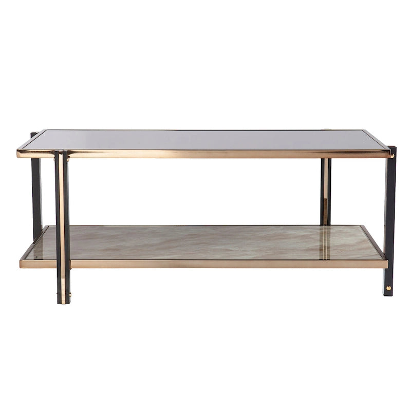 Table basse en métal couleur champagne avec plateau miroir fumé