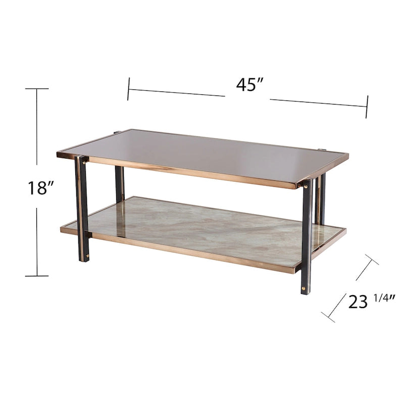 Table basse en métal couleur champagne avec plateau miroir fumé