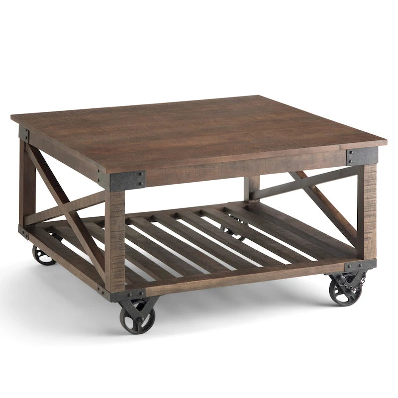 Table basse industrielle carrée Barrie en BOIS DE MANGUIER MASSIF et métal, 32 pouces de large, marron foncé vieilli - 32 x 32 x 18