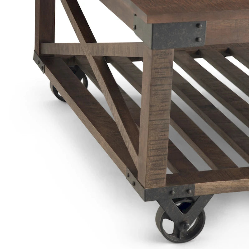 Table basse industrielle carrée Barrie en BOIS DE MANGUIER MASSIF et métal, 32 pouces de large, marron foncé vieilli - 32 x 32 x 18