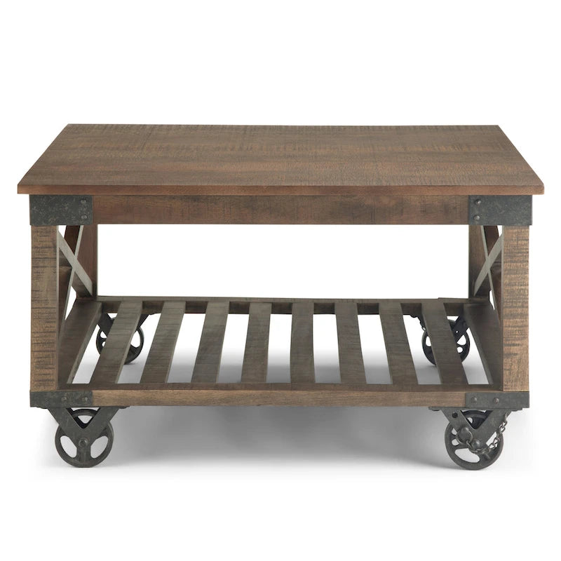 Table basse industrielle carrée Barrie en BOIS DE MANGUIER MASSIF et métal, 32 pouces de large, marron foncé vieilli - 32 x 32 x 18