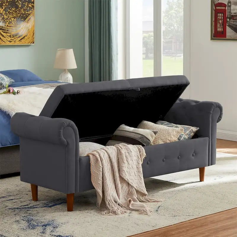 Banc de rangement pour chambre, bout de lit, accoudoirs roulés, tissu lin, canapé ottoman, long banc