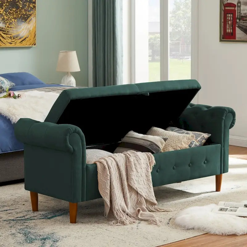 Banc de rangement pour chambre, bout de lit, accoudoirs roulés, tissu lin, canapé ottoman, long banc