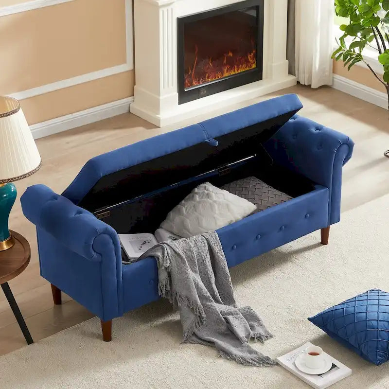 Banc de rangement pour chambre, bout de lit, accoudoirs roulés, tissu lin, canapé ottoman, long banc