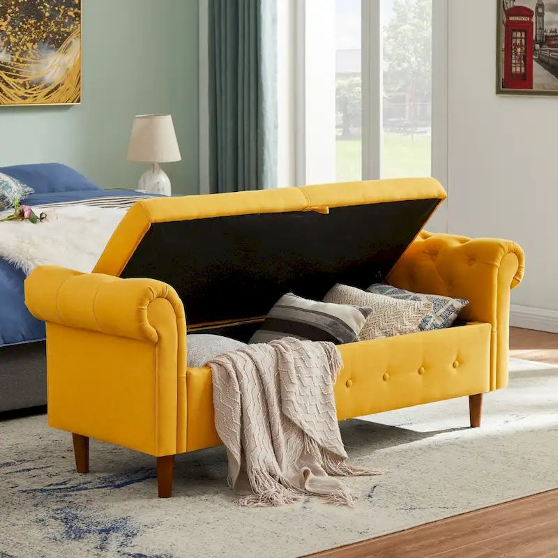 Banc de rangement pour chambre, bout de lit, accoudoirs roulés, tissu lin, canapé ottoman, long banc