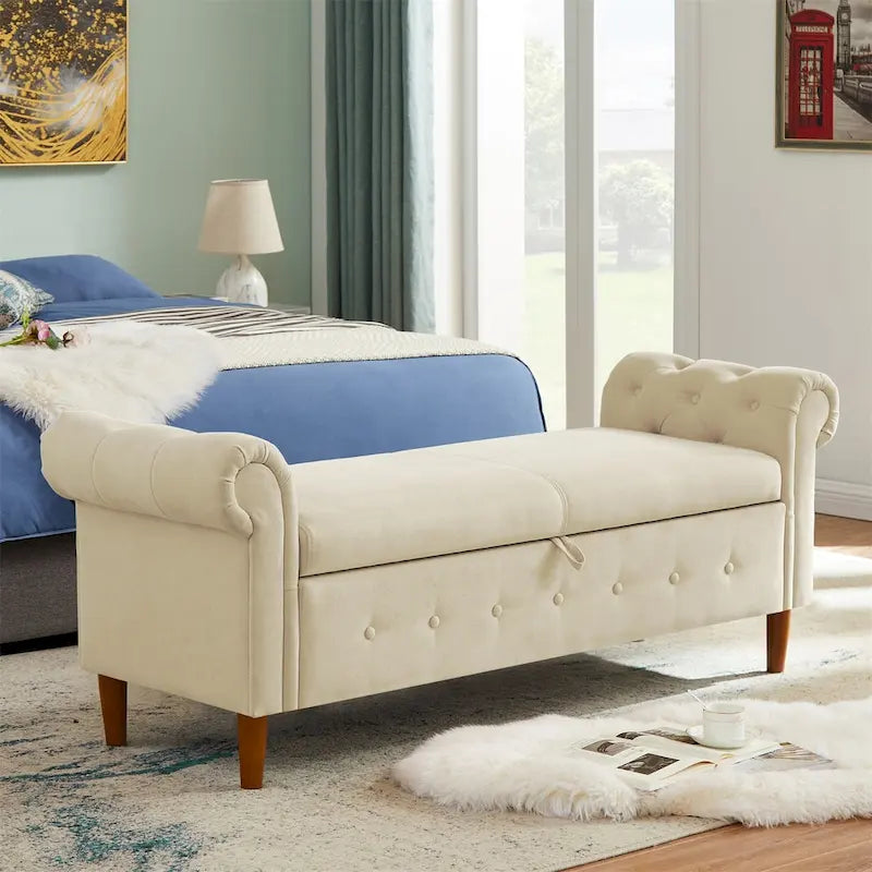 Banc de rangement pour chambre, bout de lit, accoudoirs roulés, tissu lin, canapé ottoman, long banc