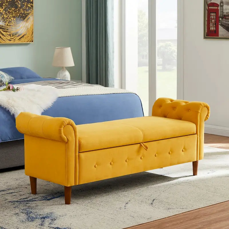 Banc de rangement pour chambre, bout de lit, accoudoirs roulés, tissu lin, canapé ottoman, long banc