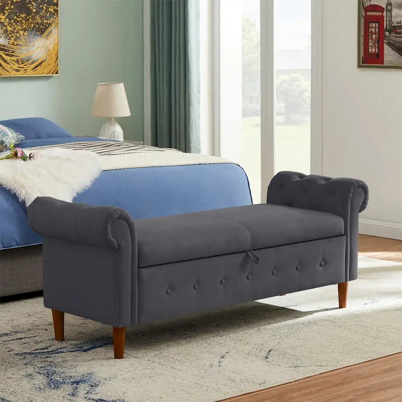 Banc de rangement pour chambre, bout de lit, accoudoirs roulés, tissu lin, canapé ottoman, long banc